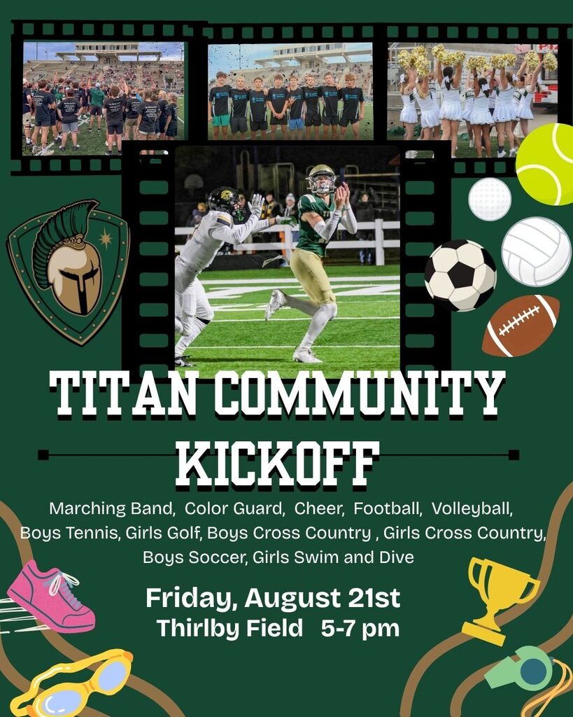 A poster highlights the Titan Community Kickoff, with a collage of photos of sports teams and athletes.