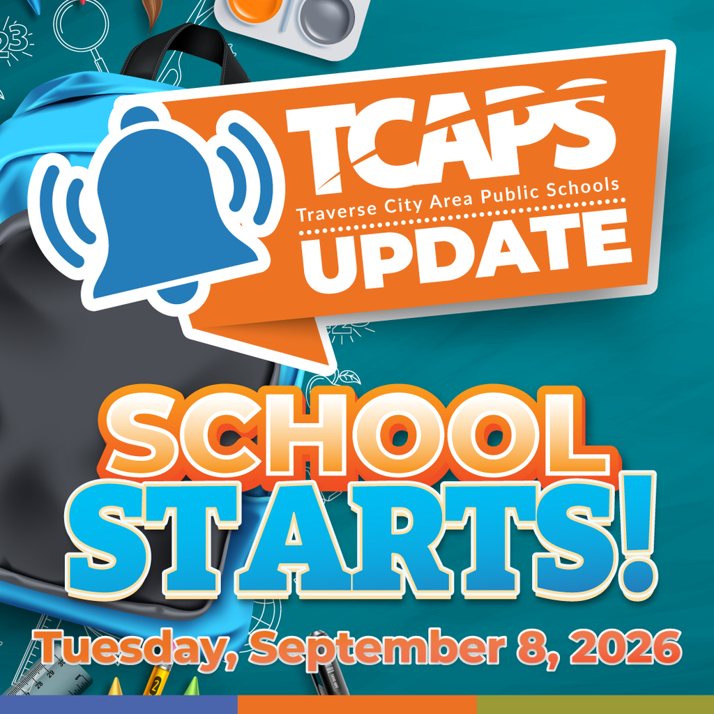 Advertisement for TCAPS school update. Blue backpack with a bell icon and the text "SCHOOL STARTS! Tuesday, September 8, 2026."