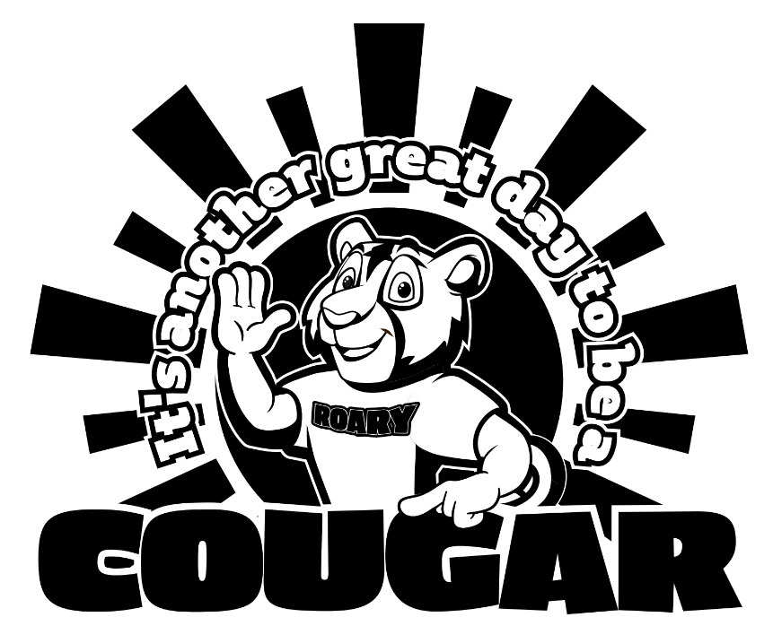 Black and white logo featuring a bear in a t-shirt with the word "ROARY" and the phrase "It's another great day to be a COUGAR".