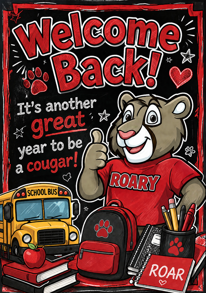 A school poster shows a cartoon cougar, "Roary", giving a thumbs up with a school bus, books, and a backpack.