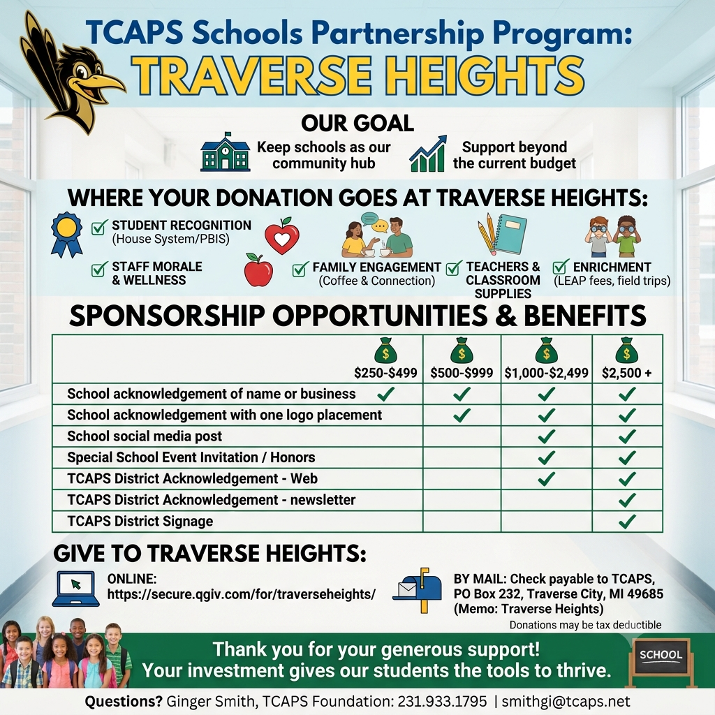 Support Traverse Heights! The TCAPS Schools Partnership Program helps fund student recognition, family engagement, classroom supplies, and enrichment. See how you can partner with us: https://docs.google.com/document/d/1PGGnkMmLYFe5SZ0BrhVAw9O7FRyQzkKsbmxffuSCwlE/edit?tab=t.0