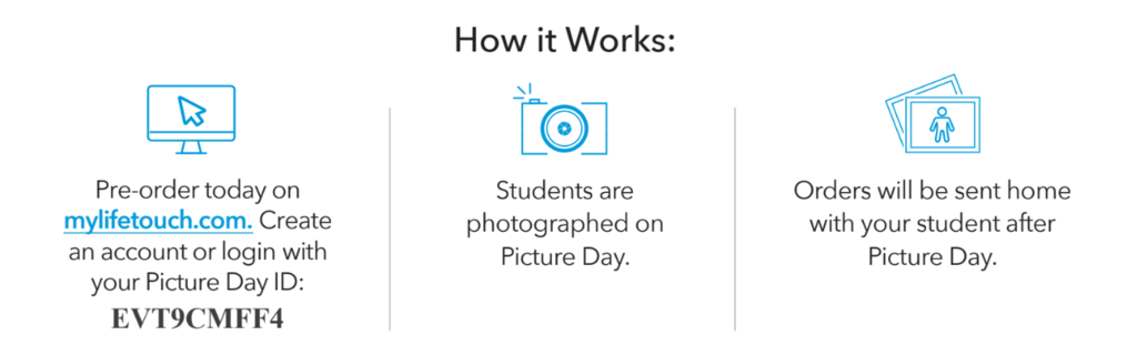 Pre-order today on mylifetouch.com. Create an account or login with your picture day ID: EVT9CMFF4. Students are photographed on picture day. Orders will be sent home with your student after picture day. 