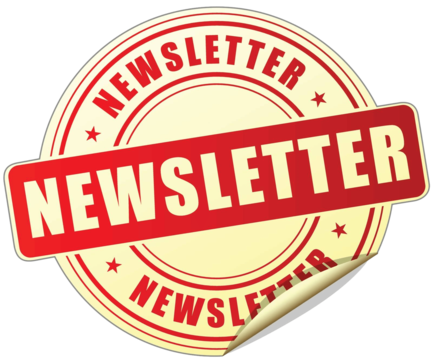 A red-white-yellow circular logo with "NEWSLETTER" in bold. Three stars surround the logo. The bottom right corner has a paper-tear effect.