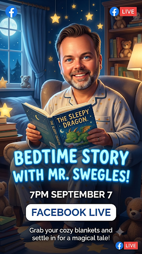 Mr. Swegles reading a book titled "The Sleepy Dragon" in a cozy room with stars, teddy bears, and a moon. 