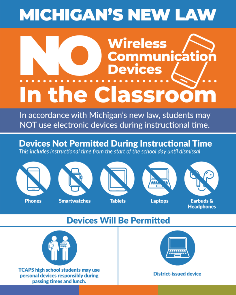 A poster informs of Michigan's law about wireless devices in classrooms, highlighting restrictions on phones, smartwatches, tablets, laptops, and headphones.