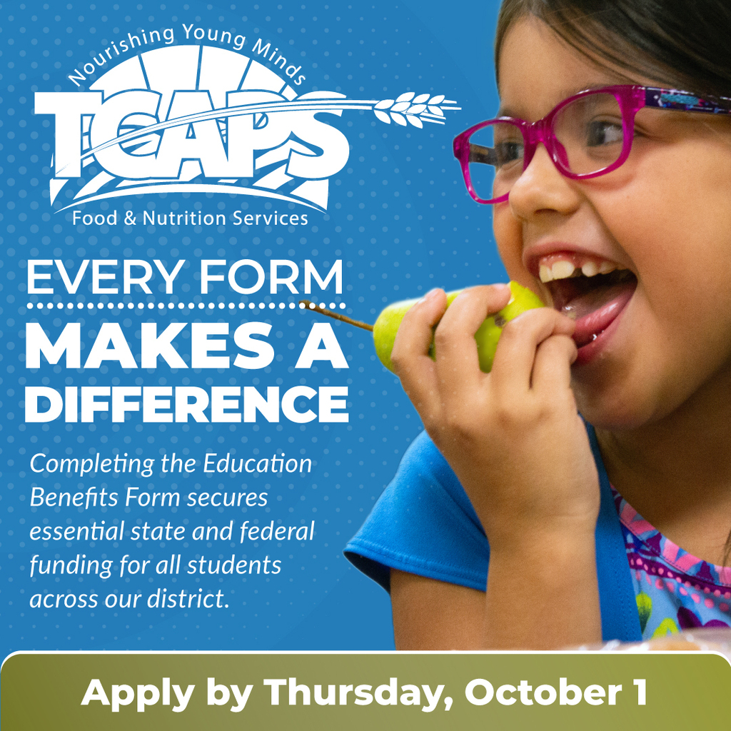 Poster with a girl holding an apple. Text: "Every form makes a difference. Apply by Thursday, October 1."