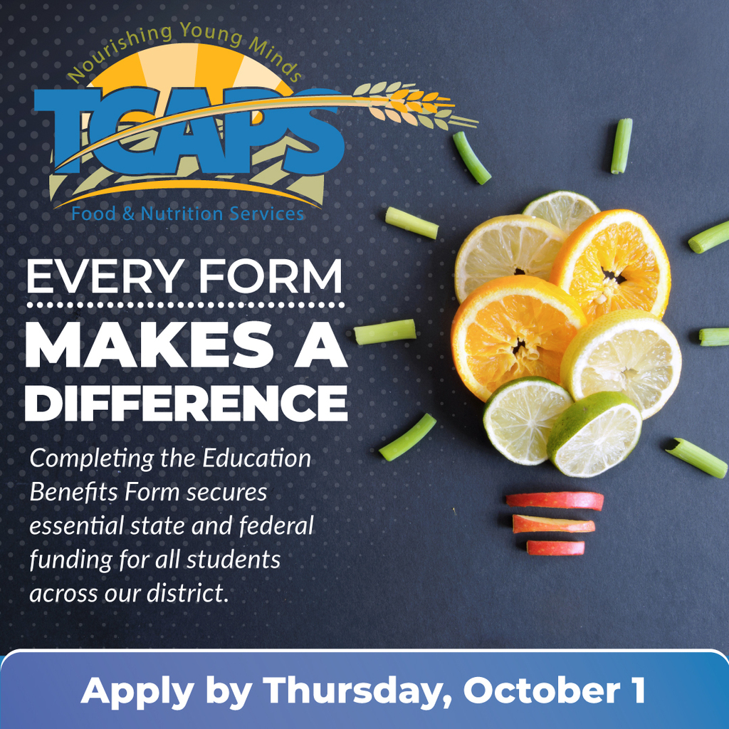 A black background displays a bright advertisement for TCAPS food and nutrition services. Sliced citrus fruits and celery adorn the ad.