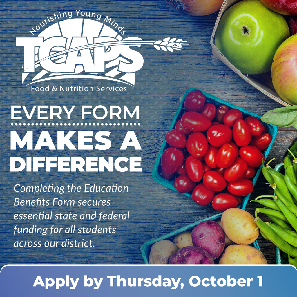 A flyer with blue and white text. Various fruits and vegetables on a blue background. Apply by Thursday, October 1.