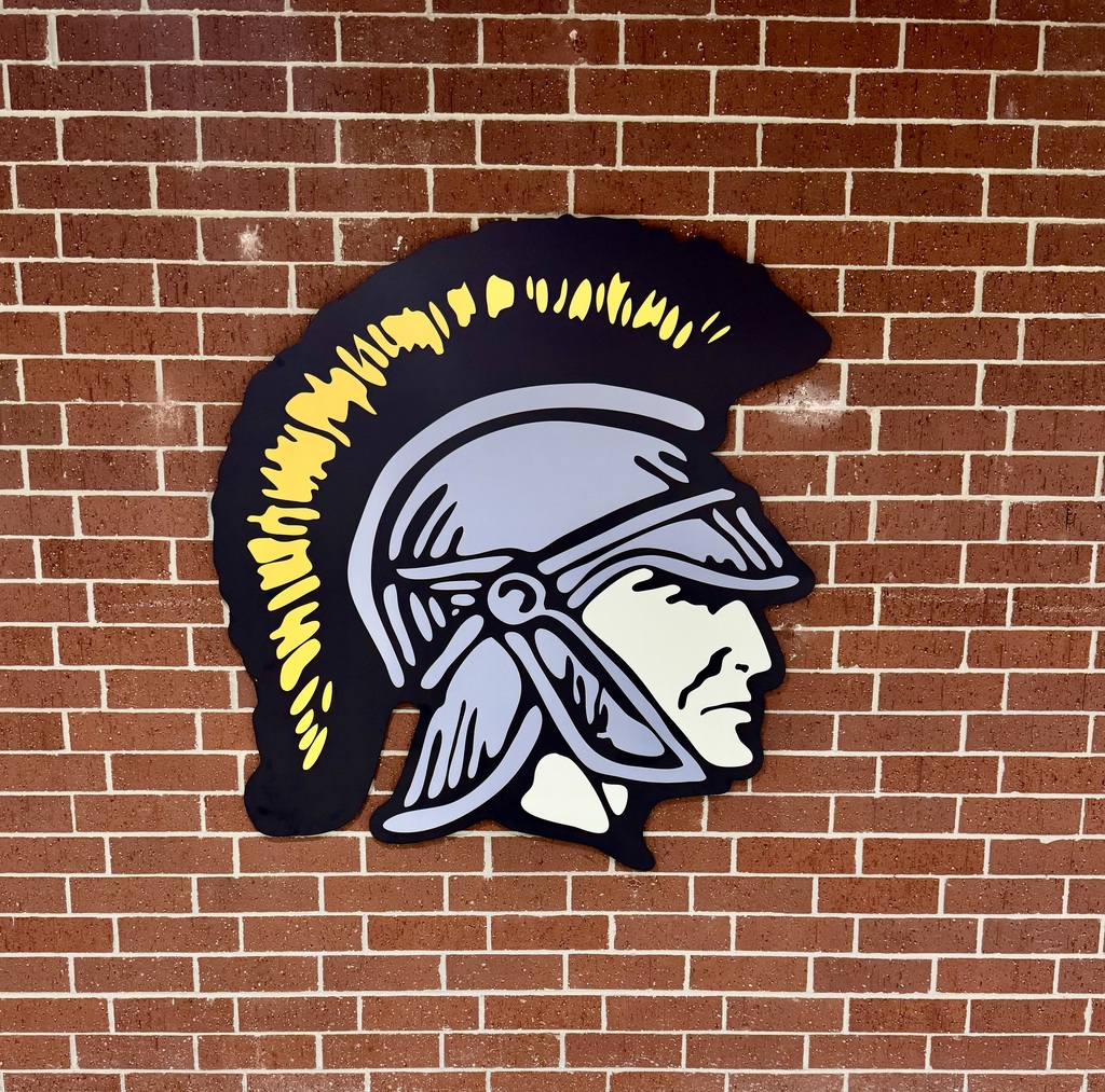 A helmeted head design, featuring a helmet with yellow accents, is affixed to a brick wall.