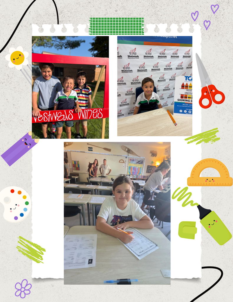 Collage of photos showing kids at a school event, a child seated at a desk, and a colorful background.