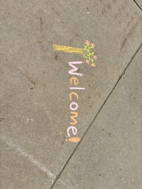 Chalk drawing of "Welcome" with a small flower on a sidewalk. Gray concrete background.
