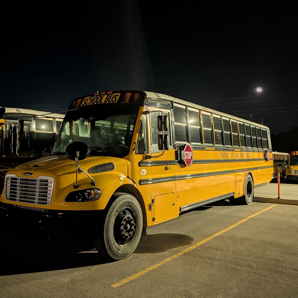 A school bus parked in a lot at night.