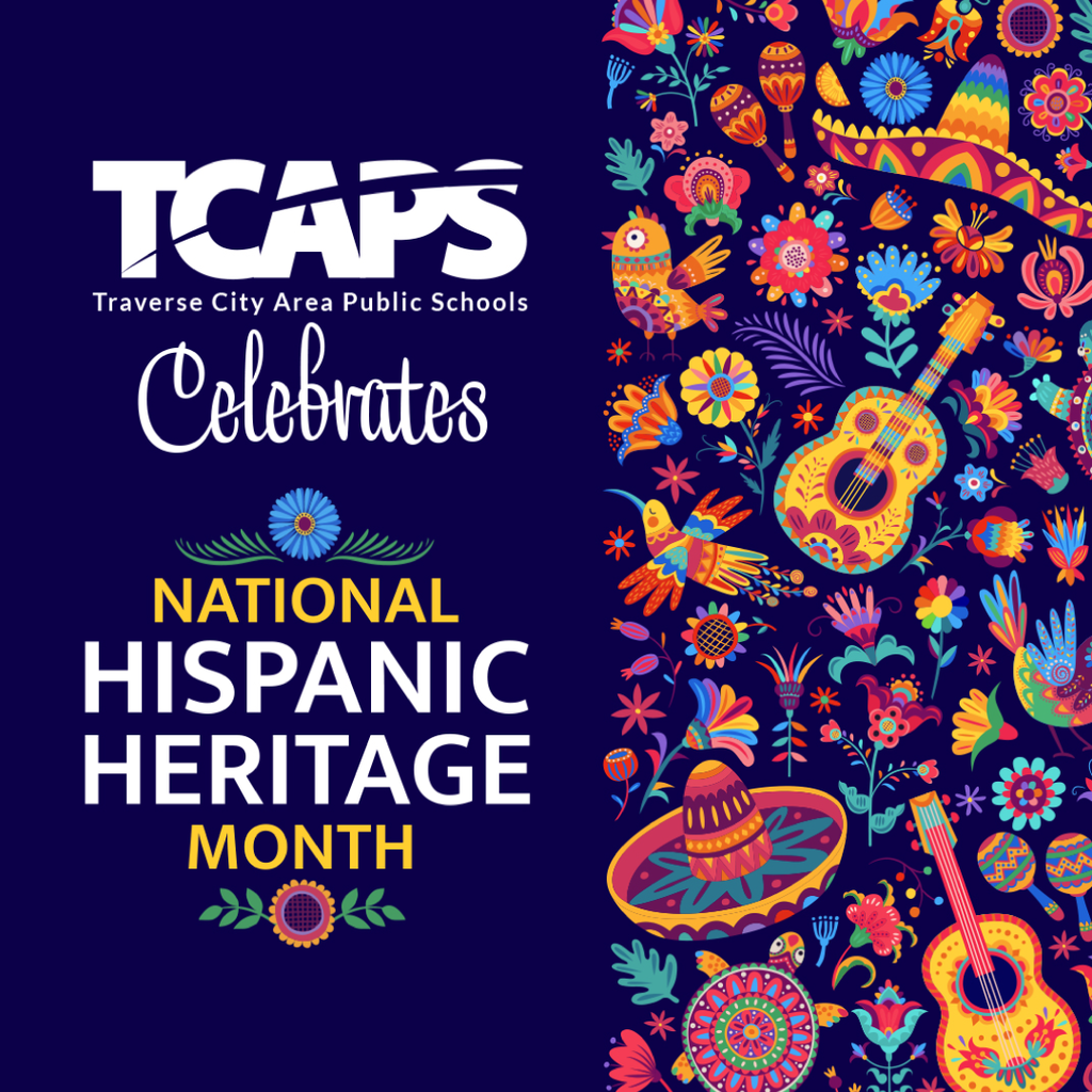 Blue background with bold text and colorful illustrations. Text reads "TCAPS Celebrates National Hispanic Heritage Month".