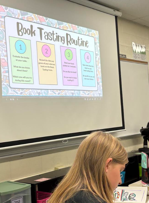 Students at table with "Book Tasting Routine" slide posted