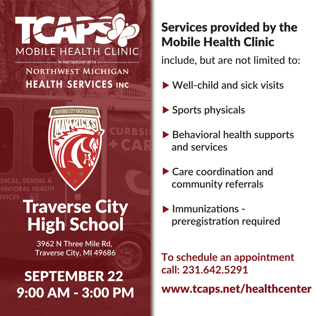 Advertisement for the Traverse City Mobile Health Clinic. Includes details on services and an appointment schedule for September 22.