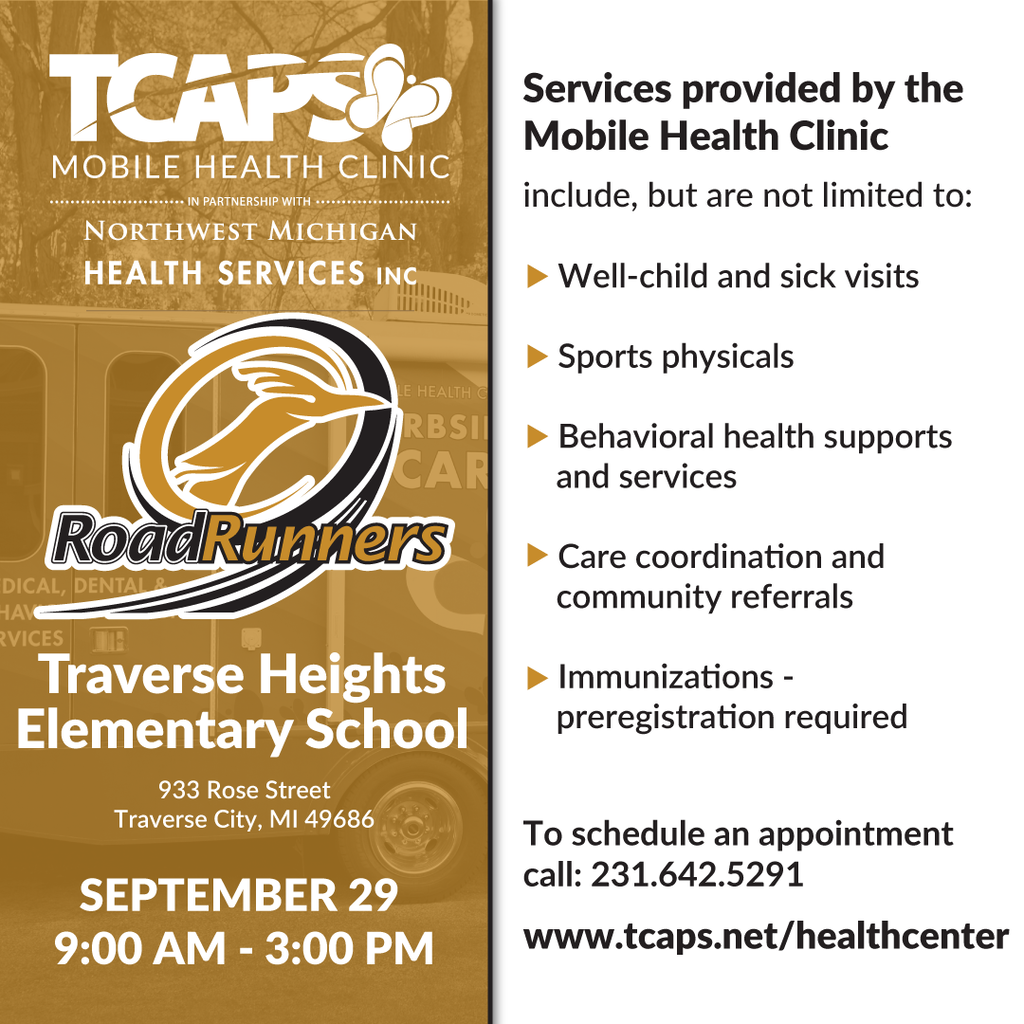 An advertisement for a mobile health clinic features a logo, service list, and details about an event at Traverse Heights Elementary School.