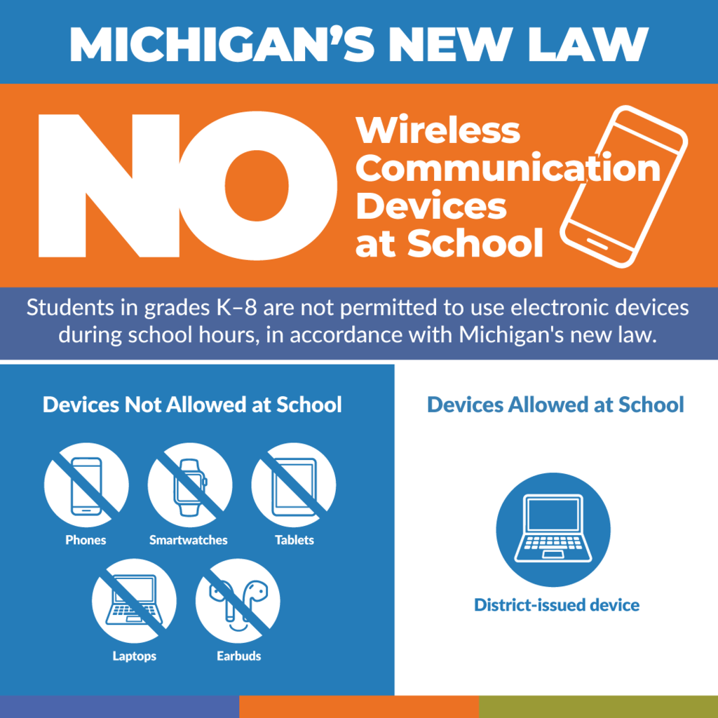 Information graphic displays a new law prohibiting K-8 students from using electronic devices during school hours.