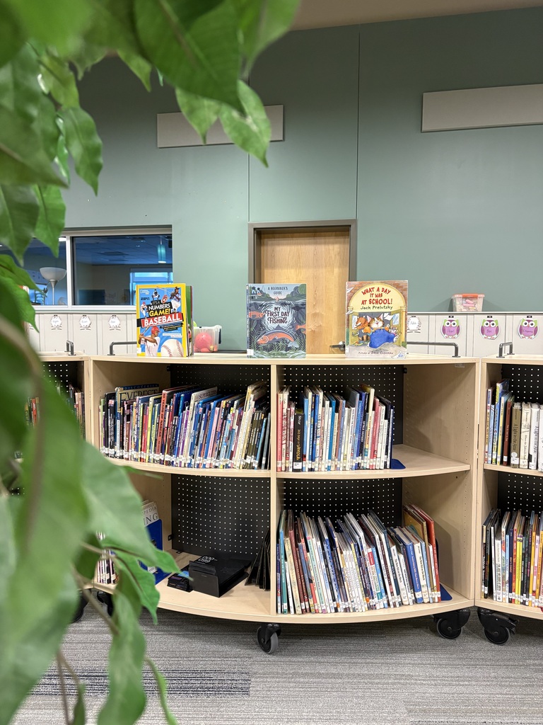 A library area with shelves holding various books, a plant at the front, and a wooden door in back