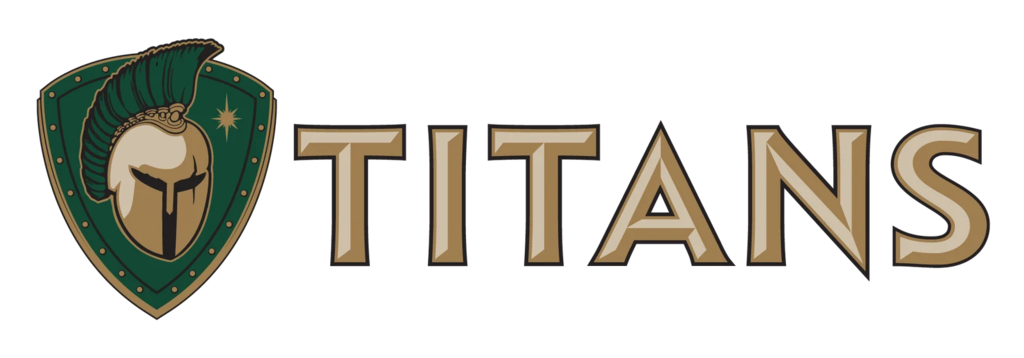 A logo featuring a shield with a helmet design and the word "TITAN" in gold font on a black background.