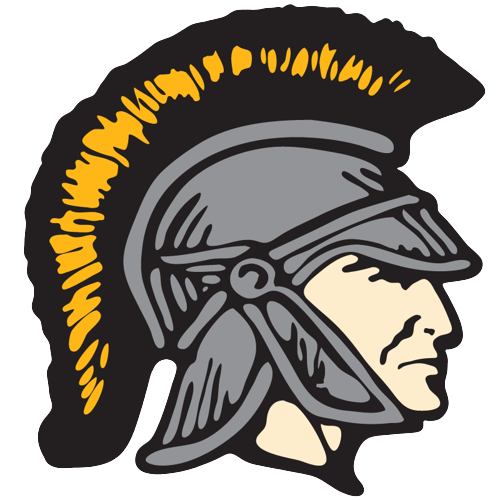 Drawing of a warrior's helmet with yellow and black spikes and a gray face on a black background.