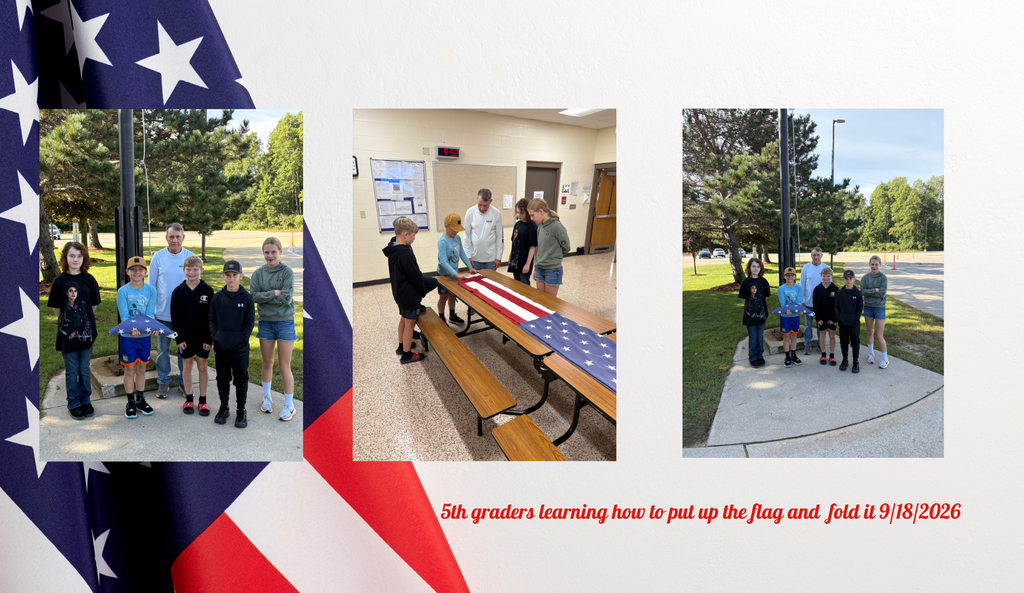 Three photos: students standing near flagpole, students around table with flag, and students on sidewalk.