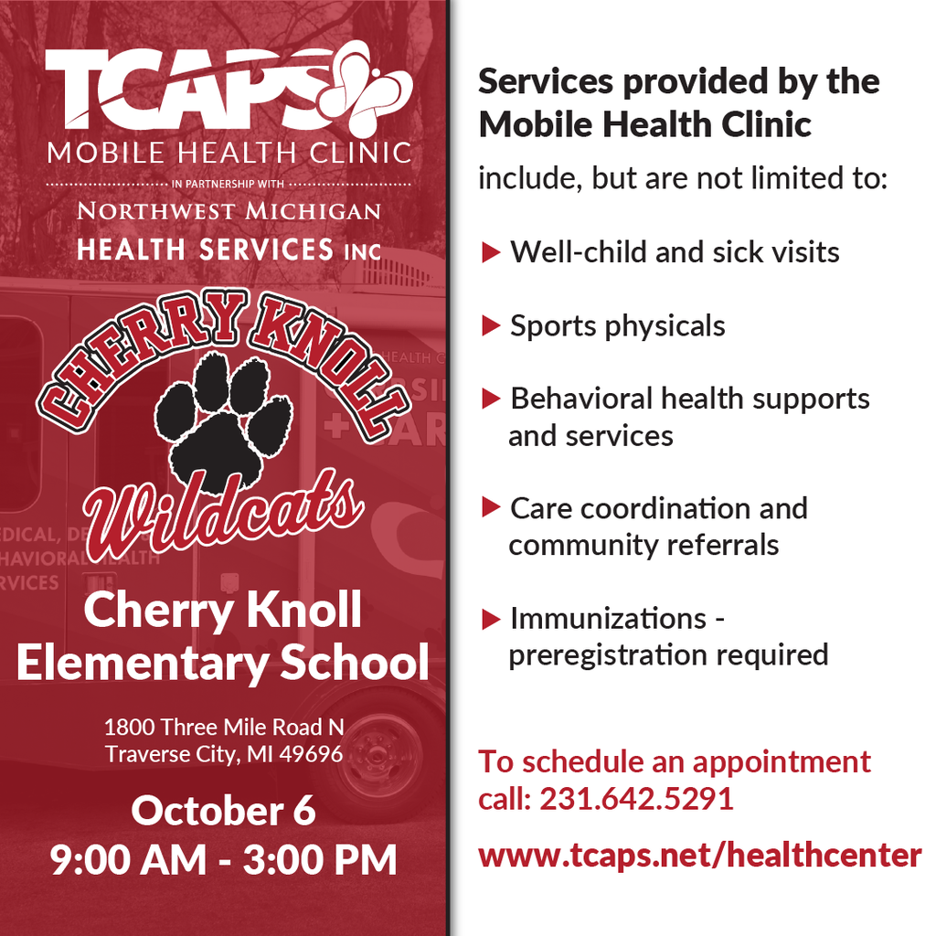 Poster shows mobile clinic services at Cherry Knoll Elementary. Services include well-child visits, sports physicals, and immunizations.