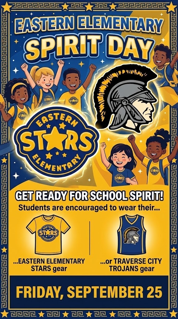 Poster advertises Eastern Elementary Spirit Day. Logo shows kids raising arms, a Trojan helmet, and a Trojan logo. Spirit Day is Friday September 25.