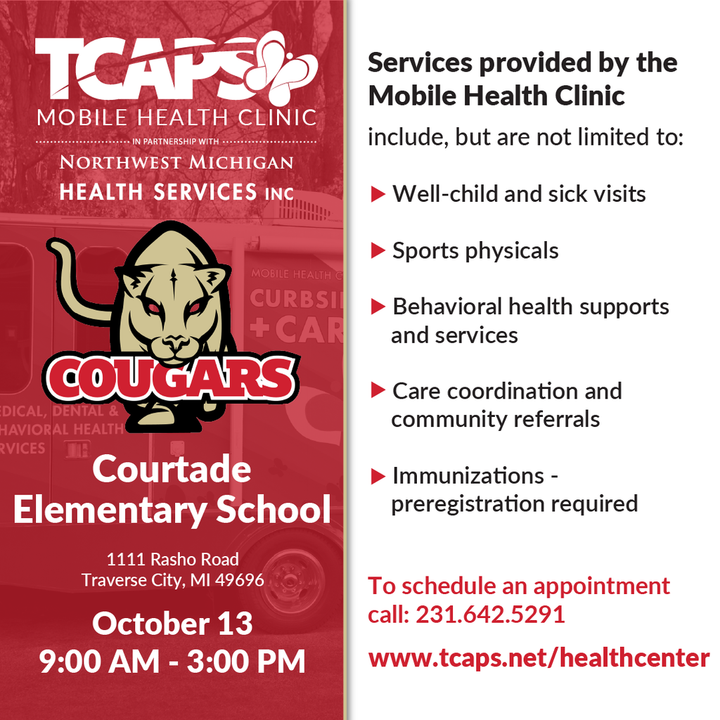 A red and white flyer has a cougar mascot, service list, date, time, and contact info for a mobile health clinic.