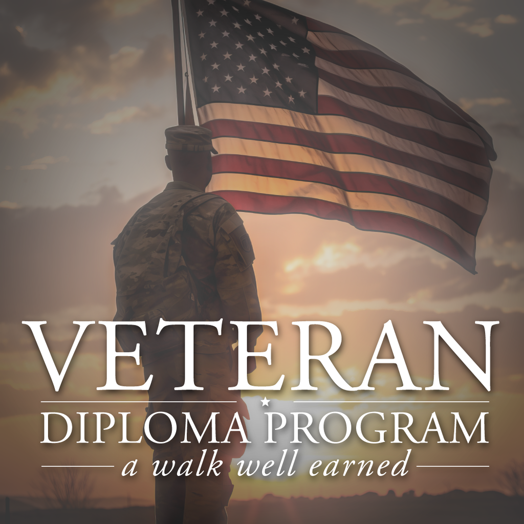 A soldier in uniform holds an American flag. Text reads "VETERAN DIPLOMA PROGRAM a walk well earned."