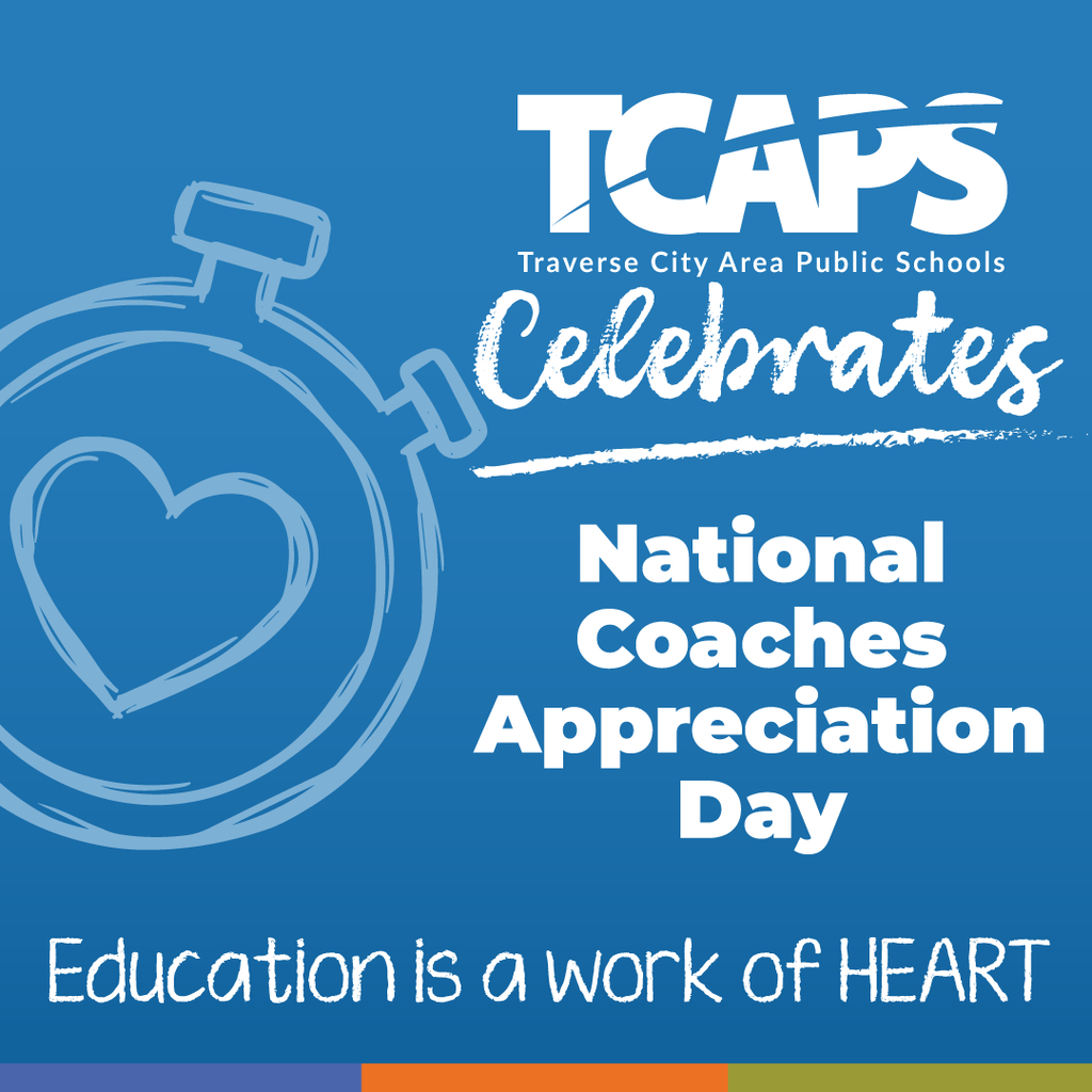Blue background with the TCAPS logo and text: "Celebrates National Coaches Appreciation Day." Heart and stopwatch icon.