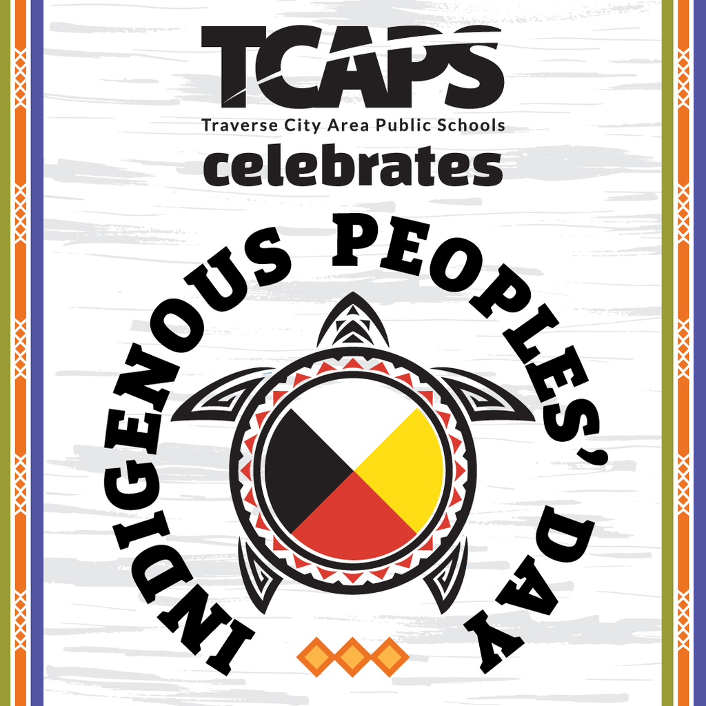 A white background displays a logo for Indigenous Peoples' Day. A turtle encircles a circle with red, white, yellow, and black stripes.