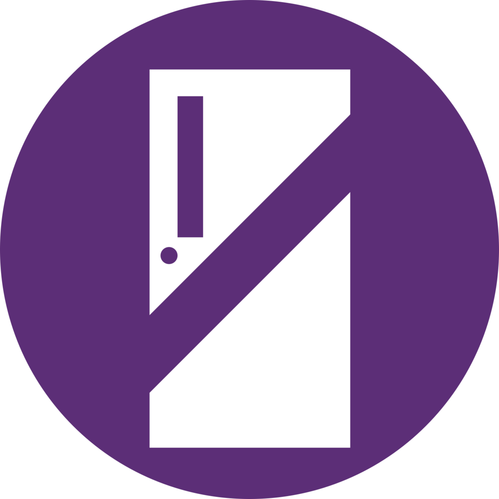 Circular icon with a white door split by a purple diagonal line, indicating a prohibition or restriction.