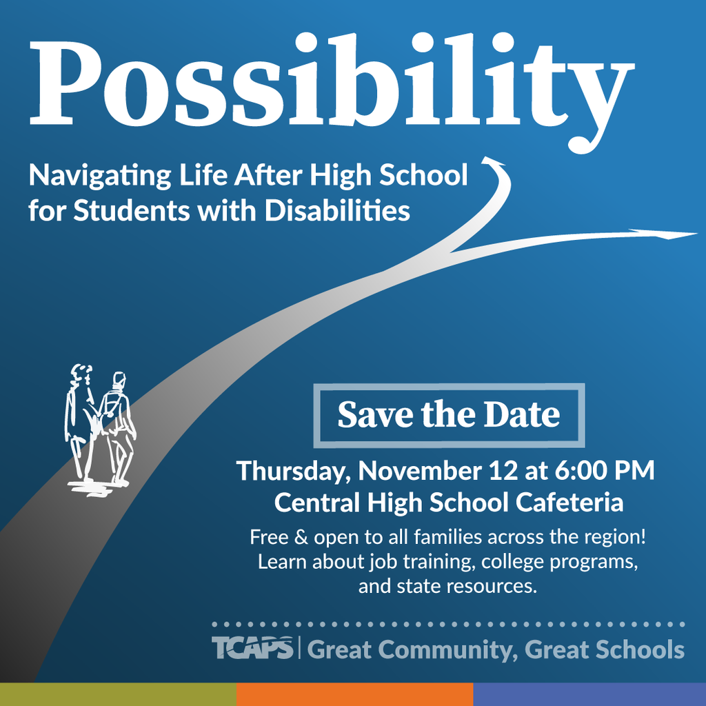 An event flyer titled "Possibility" features a curved arrow and two figures in white. It advertises a free event on November 12.
