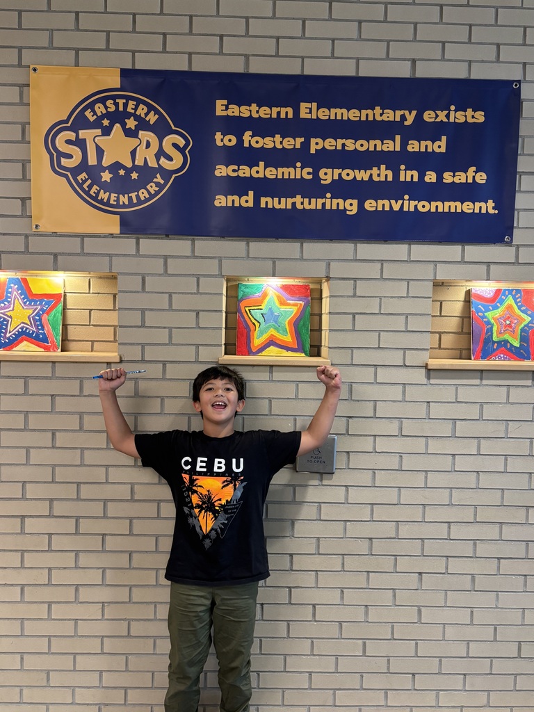 Boy in a black T-shirt stands in front of a wall with a blue banner. Three colorful art pieces are on the wall behind him.