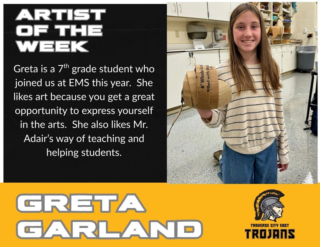 A black and yellow poster reads "Artist of the Week" with Greta Garland's photo, her holding a brown baseball glove.