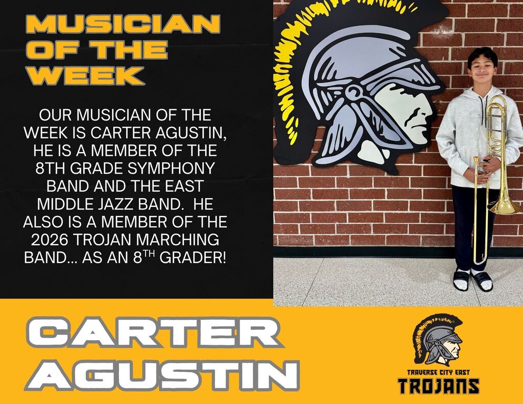 A young musician stands in front of a brick wall with a logo. Text highlights Carter Agustin as the musician of the week.