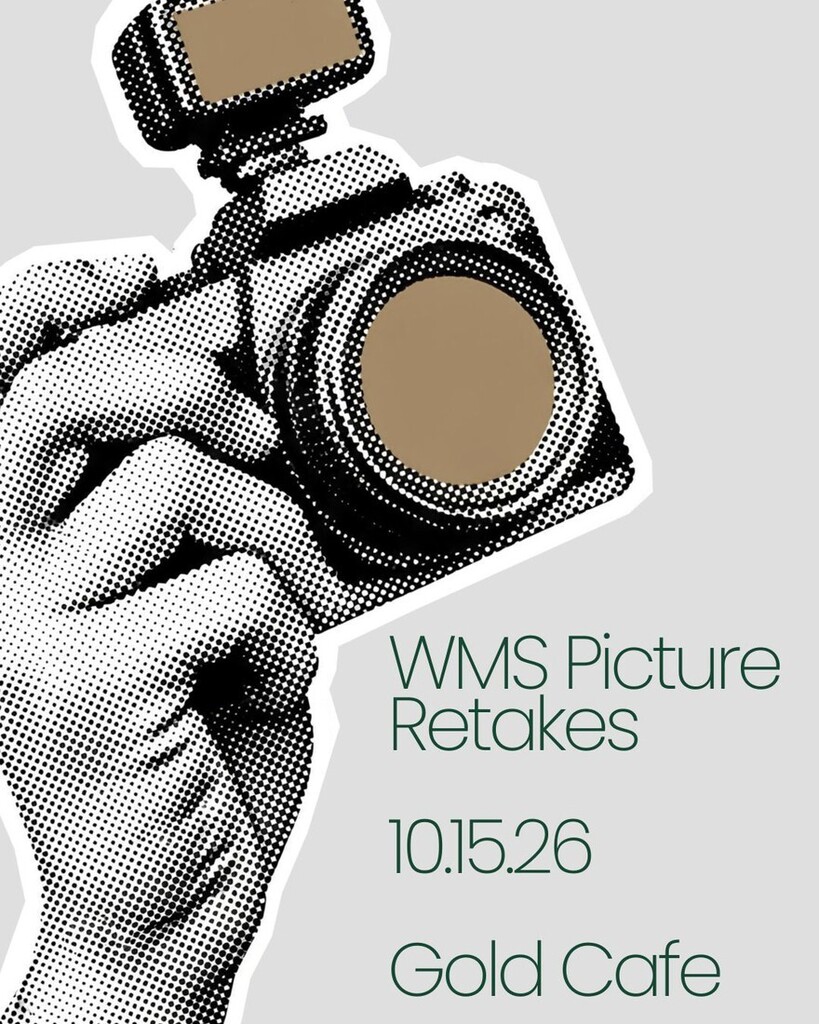 A hand holding a camera with the lens open. Text reads "WMS Picture Retakes 10:15:26 Gold Cafe."