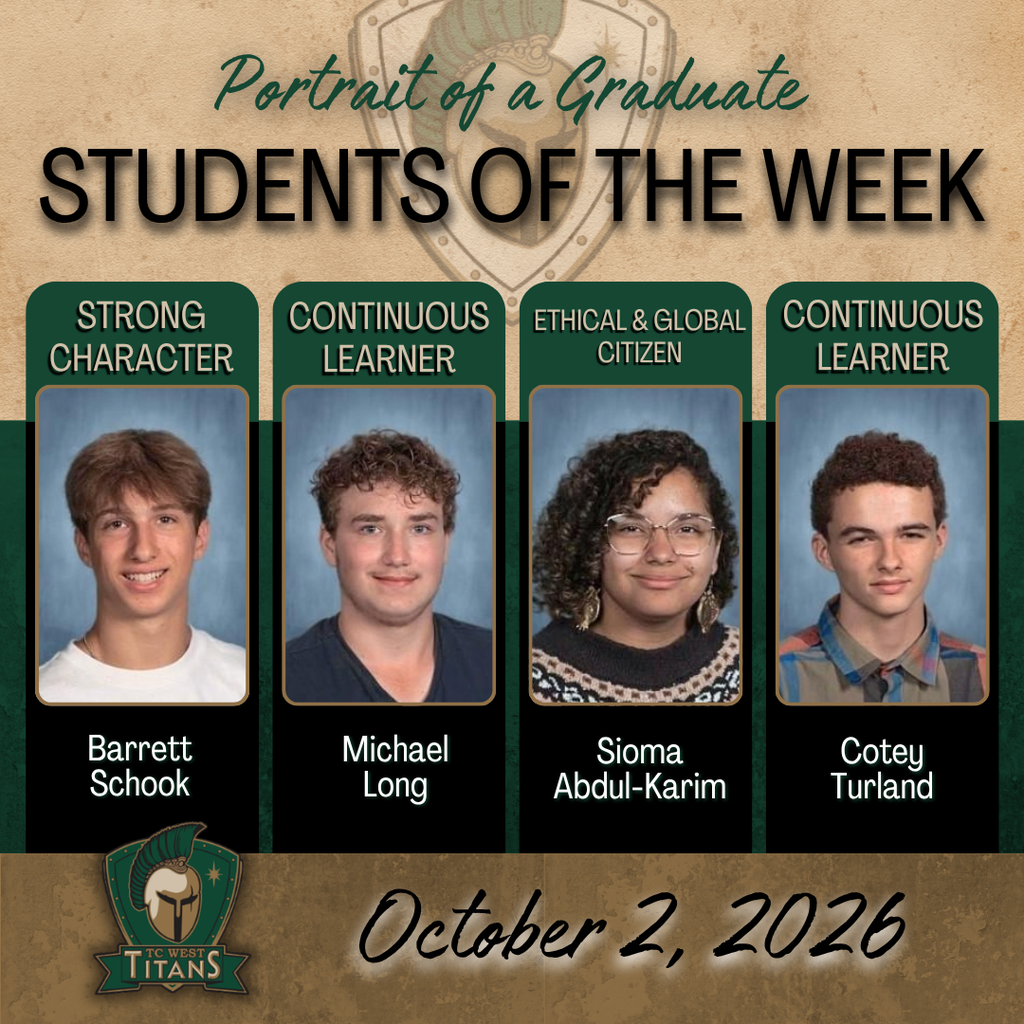 A collage of four students features their photos with labels: Barrett, Strong Character; Michael, Continuous Learner; Sioma, Ethical & Global Citizen; Cotey, Continuous Learner.