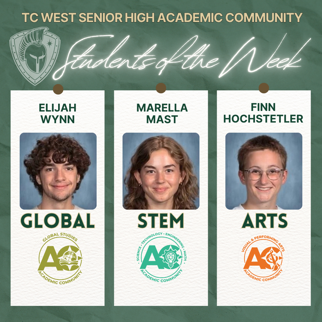 Three cards with students' names and photos. Cards are green with labels "Global," "STEM," "Arts." School logo and text "Students of the Week."