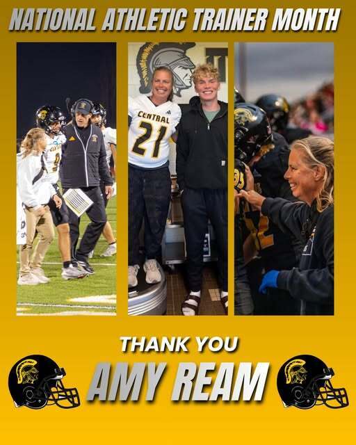 Three images on a yellow background celebrating National Athletic Trainer Month. One image shows two people in sports attire, another shows a handshake, and the third shows a team.