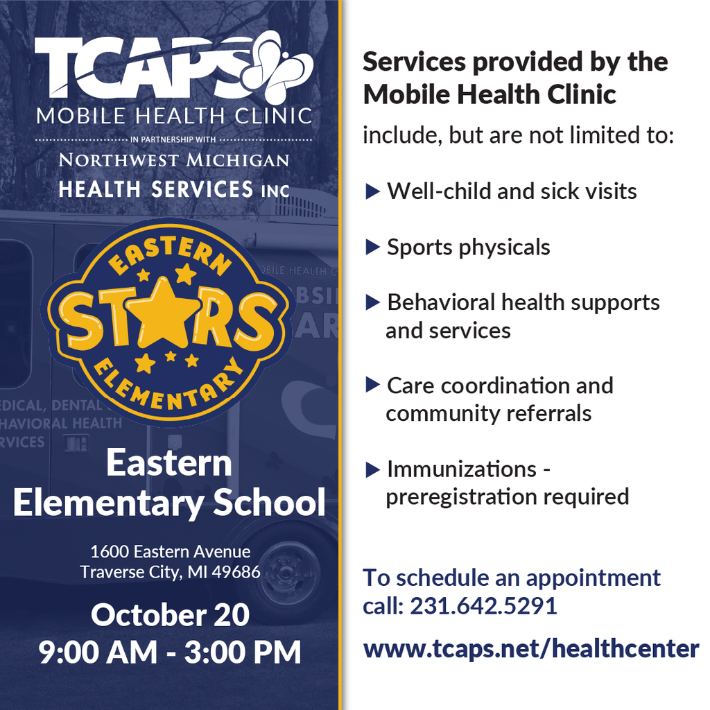 An advertisement poster features a mobile health clinic service list, highlighting various health services. The clinic will be at Eastern Elementary School on October 20.