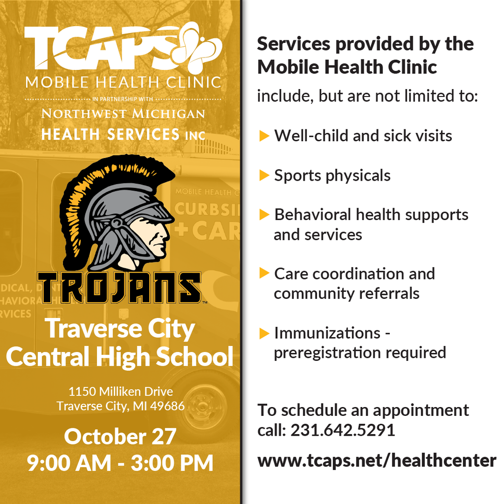 Flyer for mobile health clinic. Features Trojan logo, date, time, and services like well-child visits, immunizations, and sports physicals.