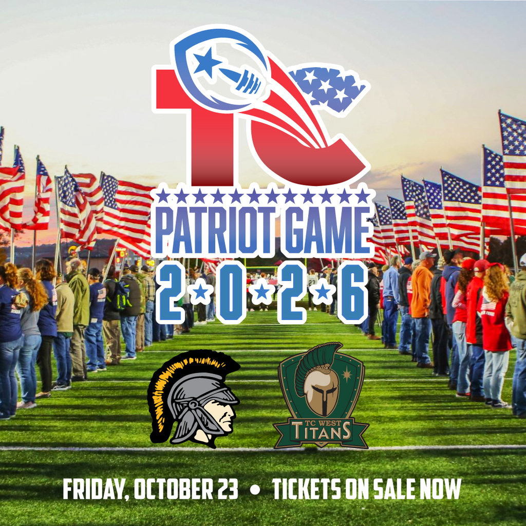 Event poster for the Patriot Game 2026 with people in red, white, and blue attire, standing in a row.