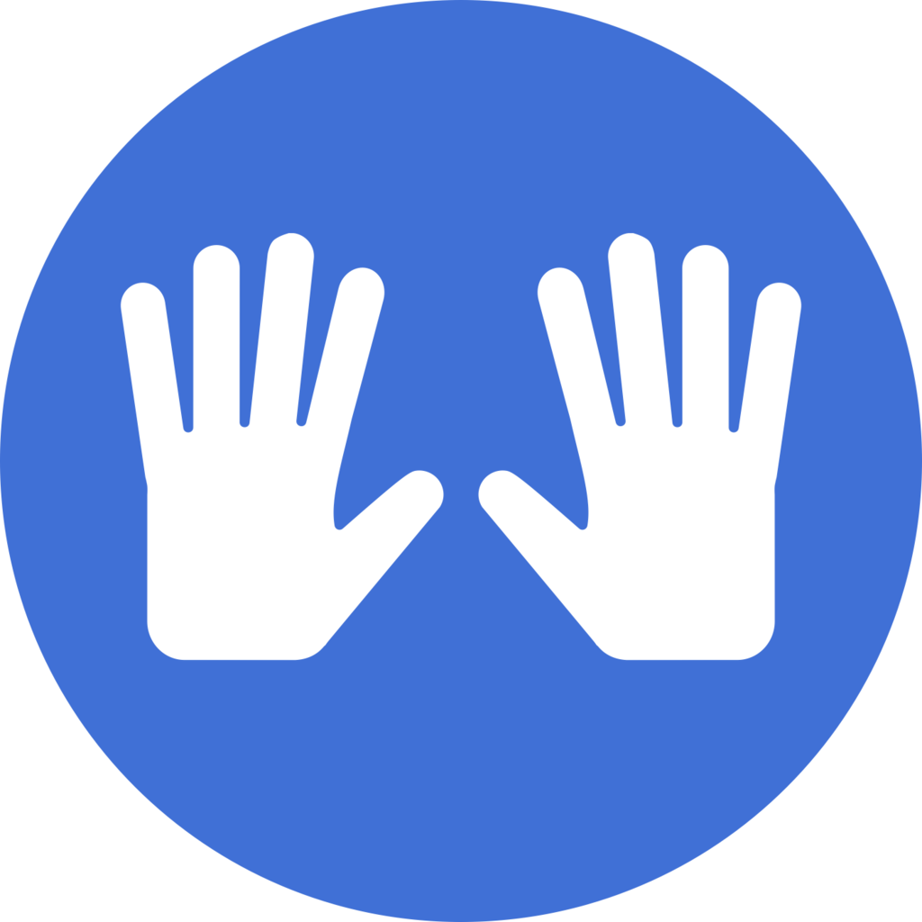 Two white hands facing each other within a blue circle.