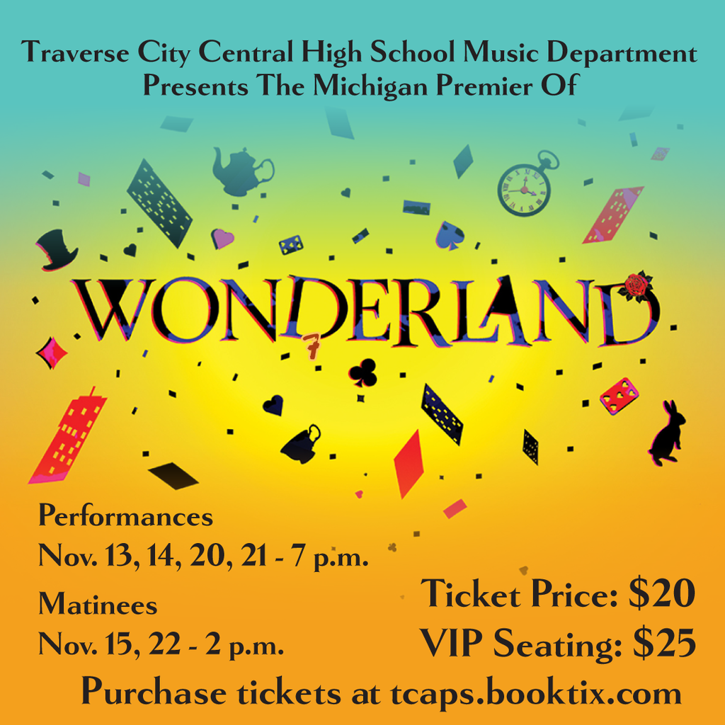 Advertisement for Wonderland, a high school music event. Performances are on Nov 13, 14, 20, 21, 15, 22.