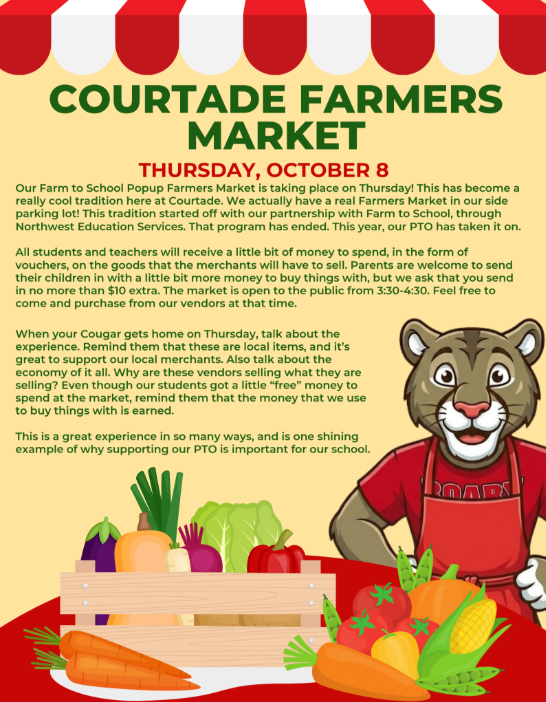 Red and white striped banner, red text and black text. Image of a Cougar holding a basket of vegetables.