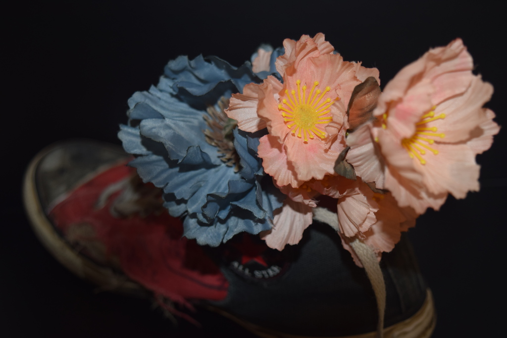 A shoe with blue and pink flowers resting on top of it. The shoe has a red and white design.