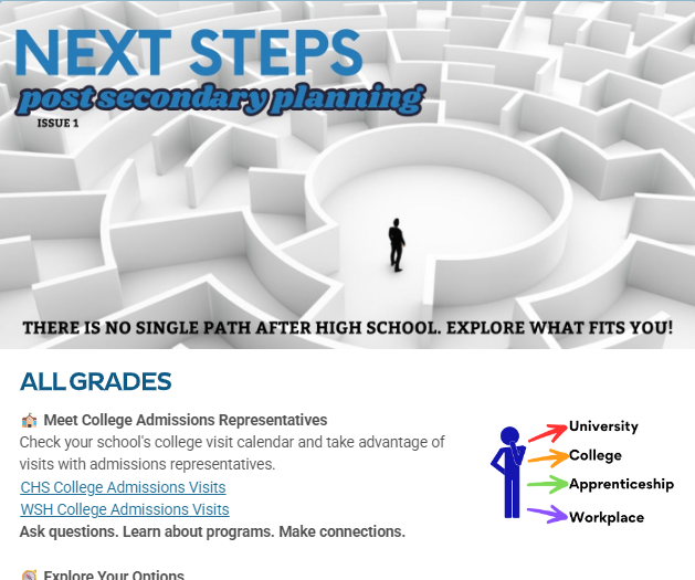 A maze features a figure standing at the center. Icons represent university, college, apprenticeship, and workplace.