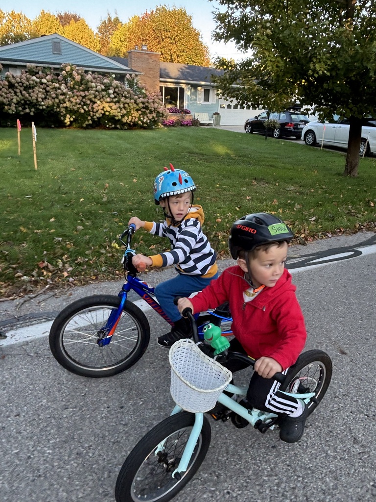 Two children ride bicycles on a street. One wears a striped shirt, the other a red jacket. Both wear helmets.