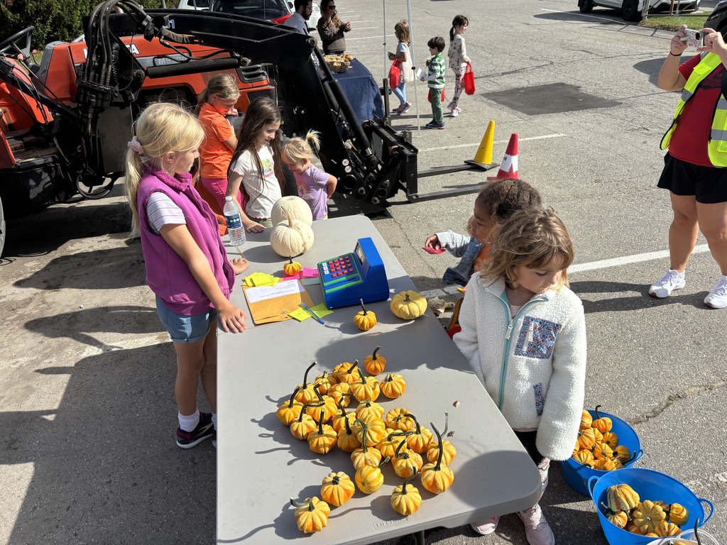 Kids in a parking lot with pumpkins on a table and a tractor in the background.